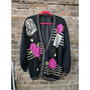 Vintage I.B. Diffusion 90's Black Cardigan Mozart Violin Music Sheet Floral XL